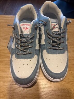 True Religion Light Blue Denim and White Low-Top Sneakers
